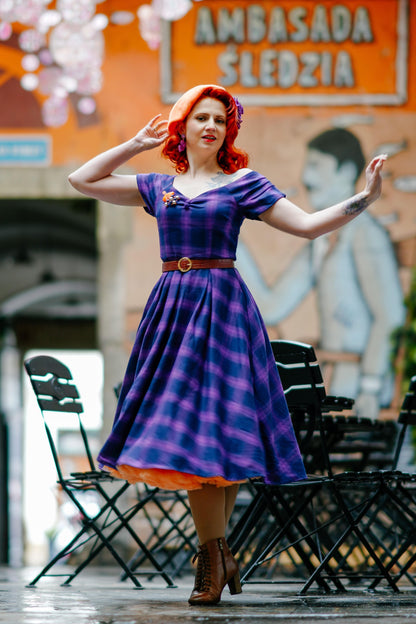 Lily Purple Tartan Check Off-Shoulder Swing Dress