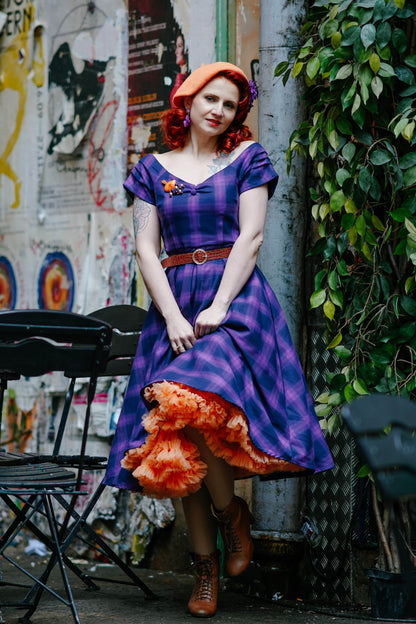 Lily Purple Tartan Check Off-Shoulder Swing Dress