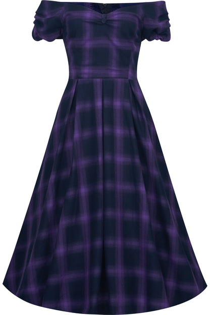 Lily Purple Tartan Check Off-Shoulder Swing Dress