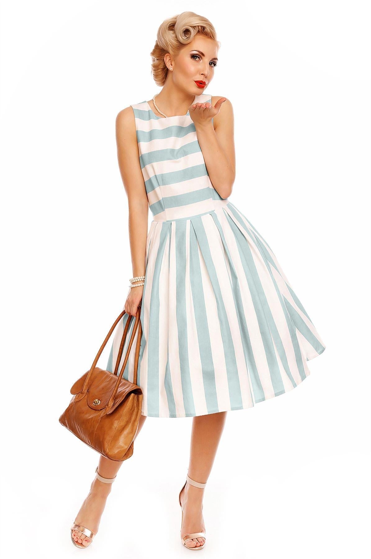Annie Retro Striped Swing Dress in Baby Blue