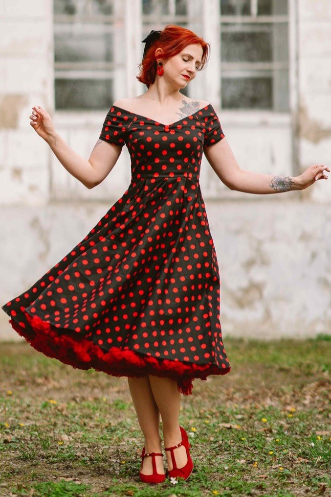 Lily Rockabilly Polka Dot Off Shoulder Swing Dress In Black & Red