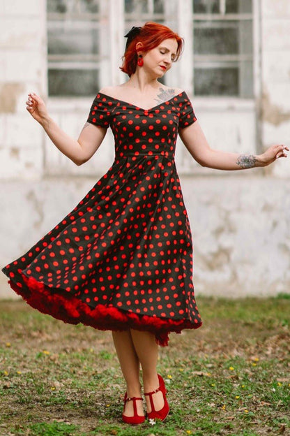 Lily Rockabilly Polka Dot Off Shoulder Swing Dress In Black & Red