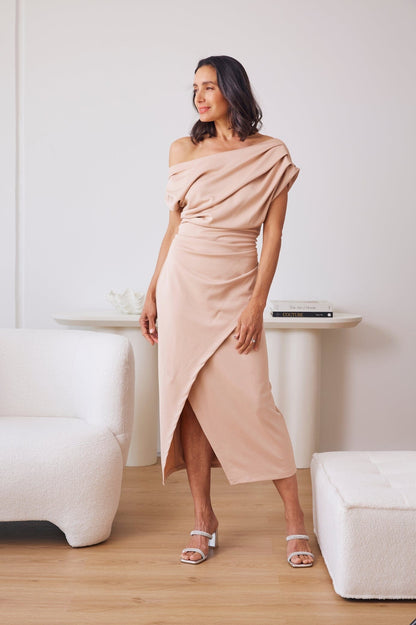 Roslyn Off Shoulder Midi Dress Champagne