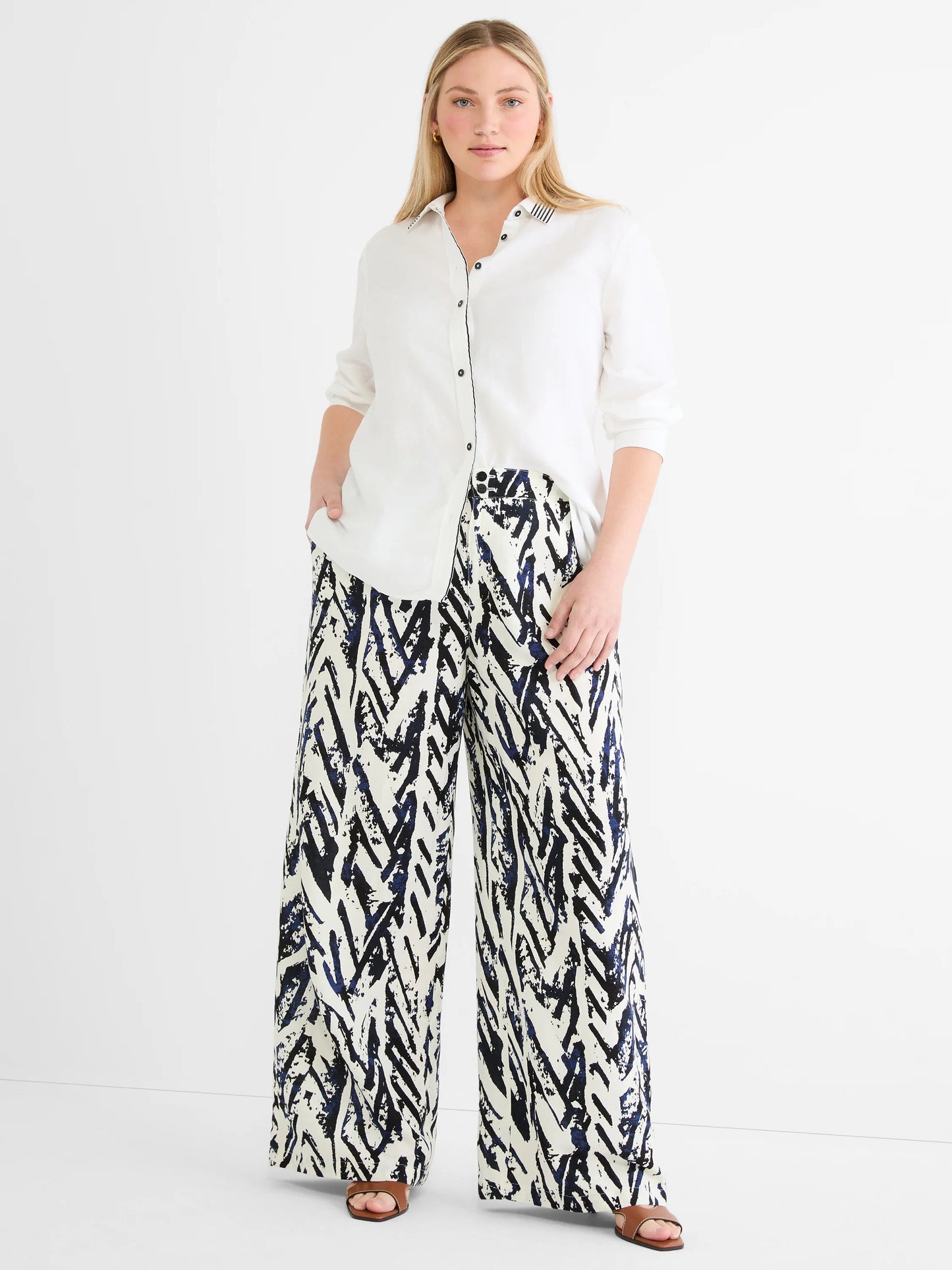 Indigo Crosshatch Linen Wide Leg Pant