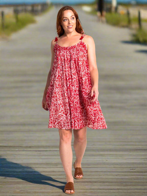 Lucia lined summer dress in Red Leaf print
