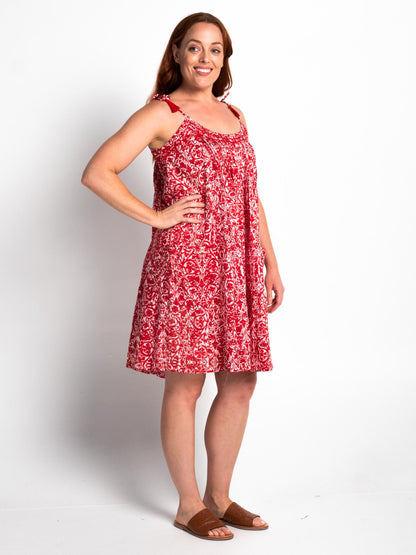 Lucia lined summer dress in Red Leaf print