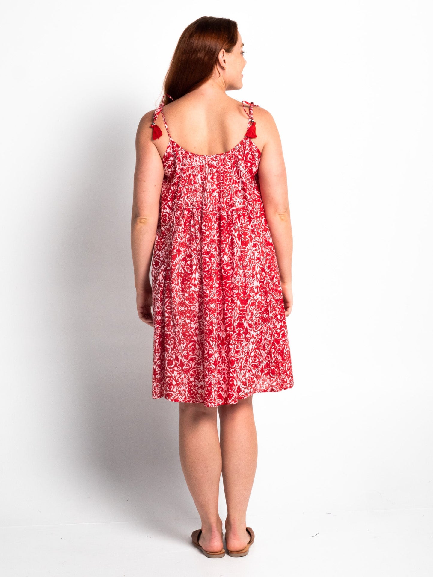 Lucia lined summer dress in Red Leaf print