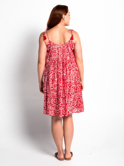 Lucia lined summer dress in Red Leaf print