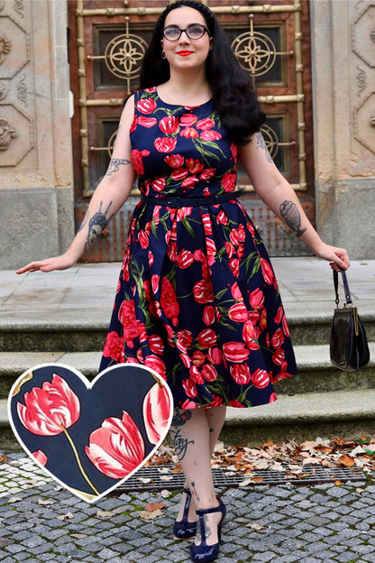 Annie Retro Tulip Floral Swing Dress in Blue-Pink