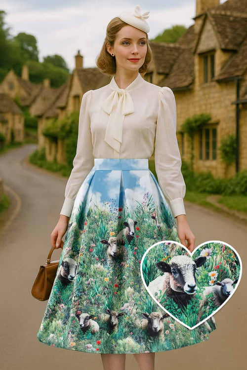 Aisley Sheep Field Pleated Midi Skirt