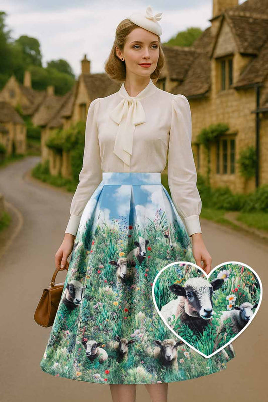 Aisley Sheep Field Pleated Midi Skirt
