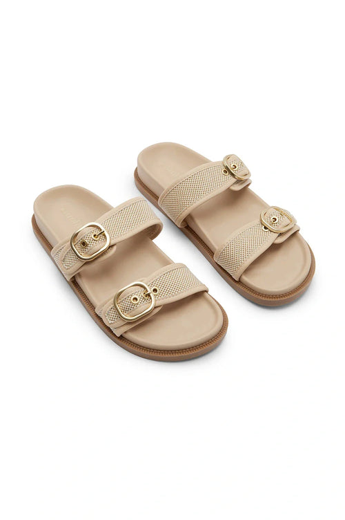 Sabrina Double Strap Slide with Gold Buckle in Nude