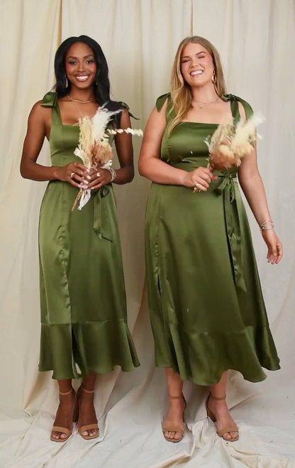 Claire Midi Dress ~ Rich Olive Luxe Satin