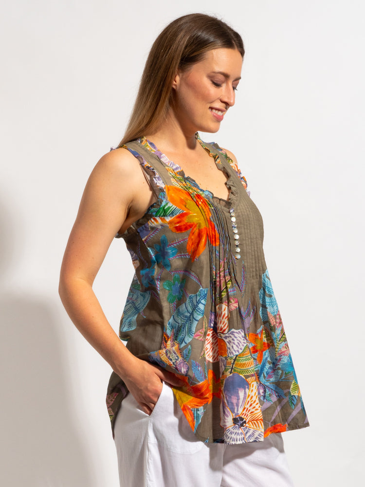 Mozaic Chilli Top in Khaki Birds