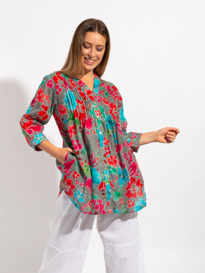 Palm Cove Top in Grey Red Floral