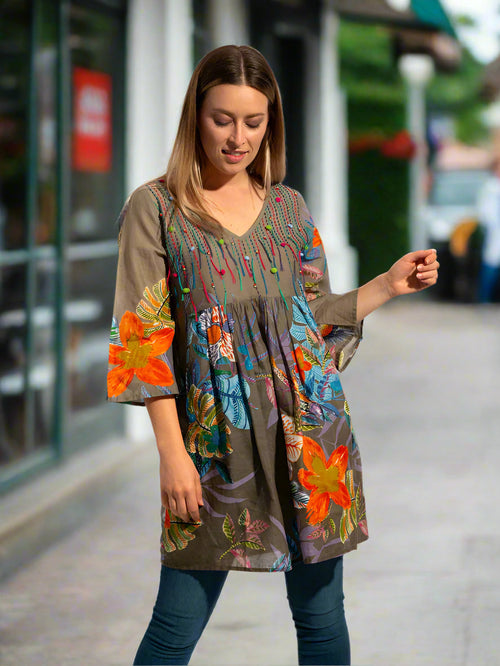 Dorrigo Top in Khaki Birds