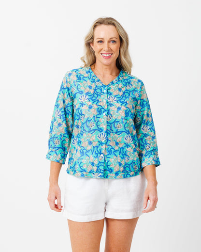 Capricorn Cotton Shirt in Blue Turquoise Floral