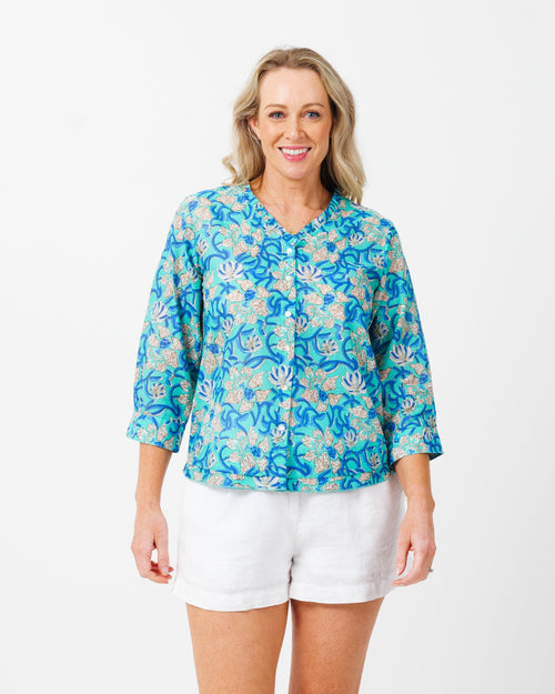 Capricorn Cotton Shirt in Blue Turquoise Floral