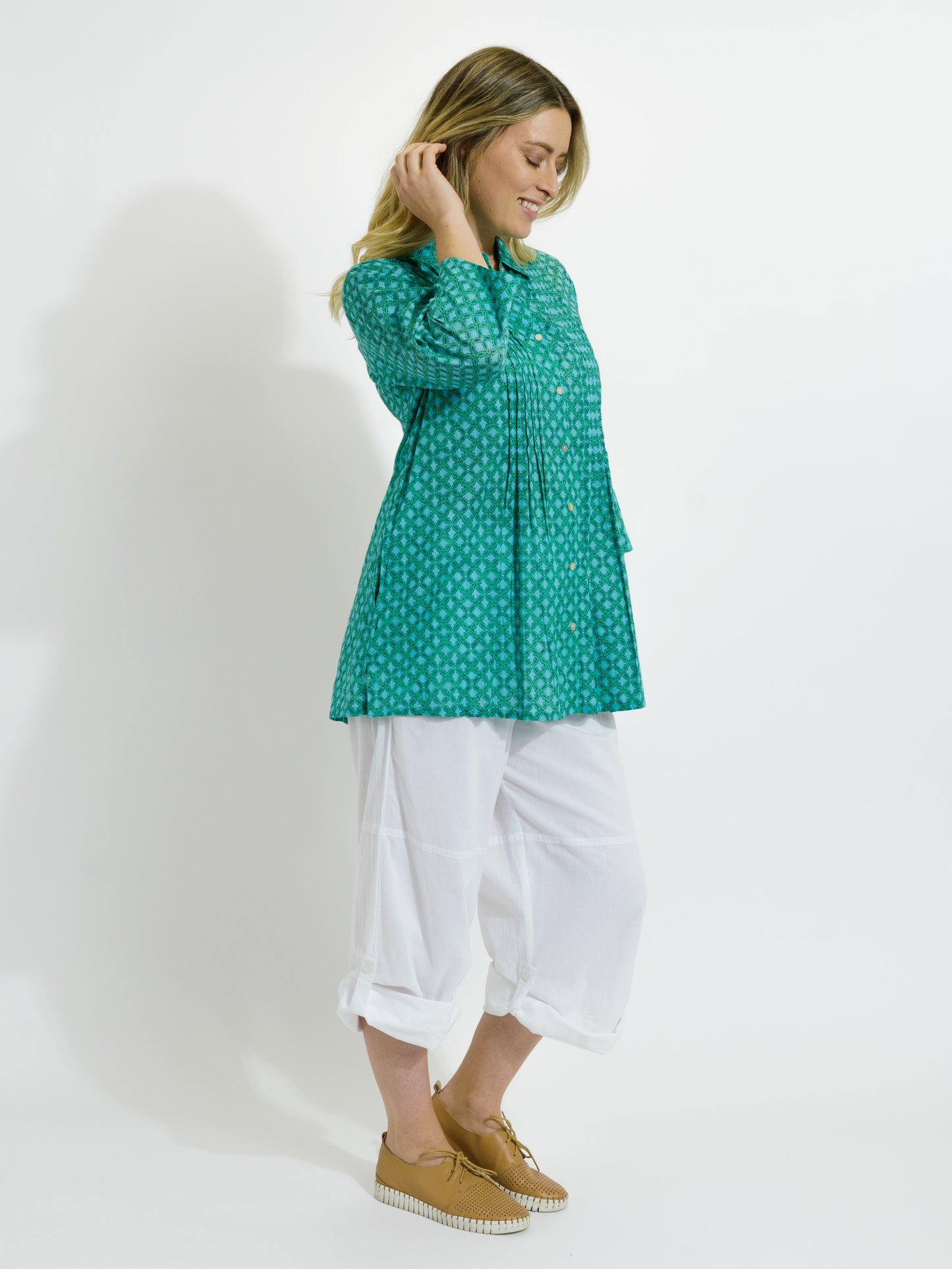 Maroochy Collared Shirt in Teal Diamonds