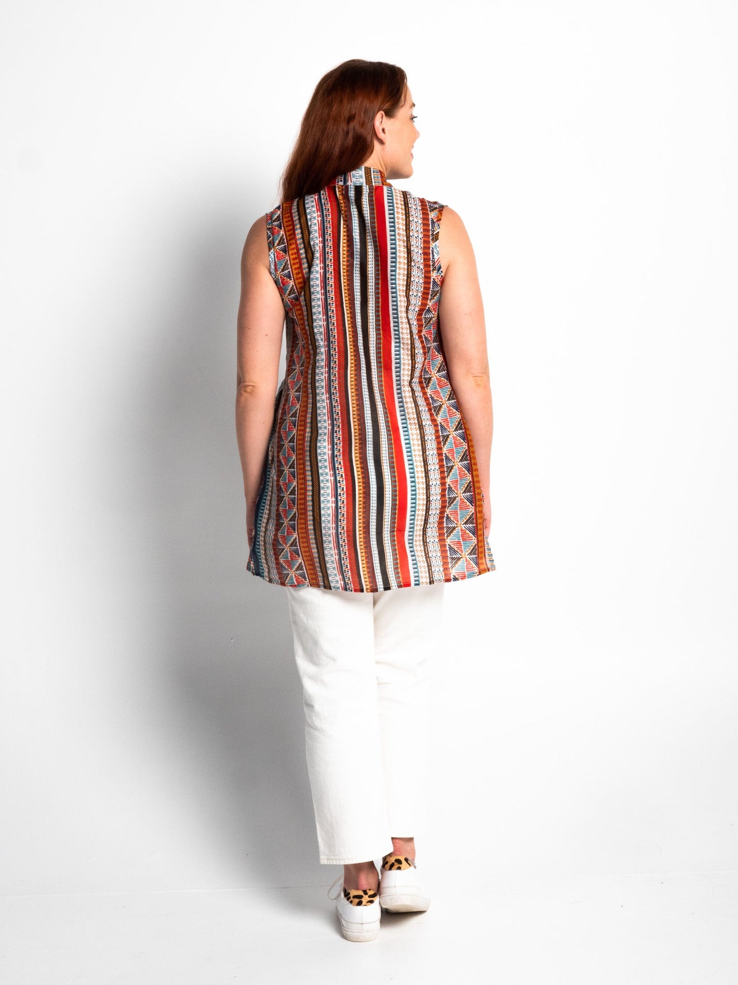 Embroidered Sleeveless Long Top in Geo Stripe Print