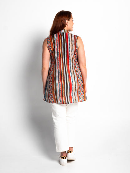 Embroidered Sleeveless Long Top in Geo Stripe Print