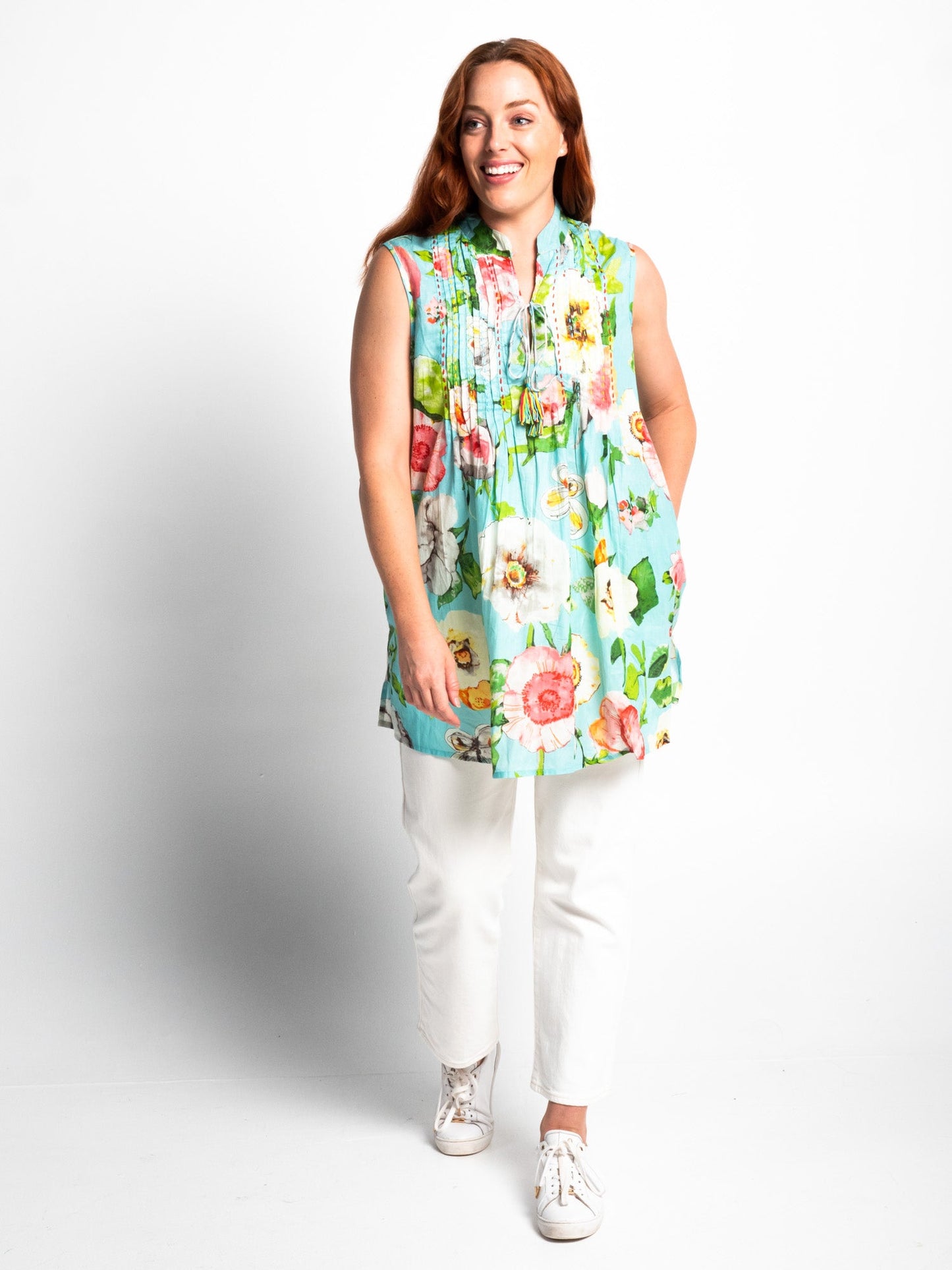 Embroidered Sleeveless Long Top in Turquoise Pretty Print