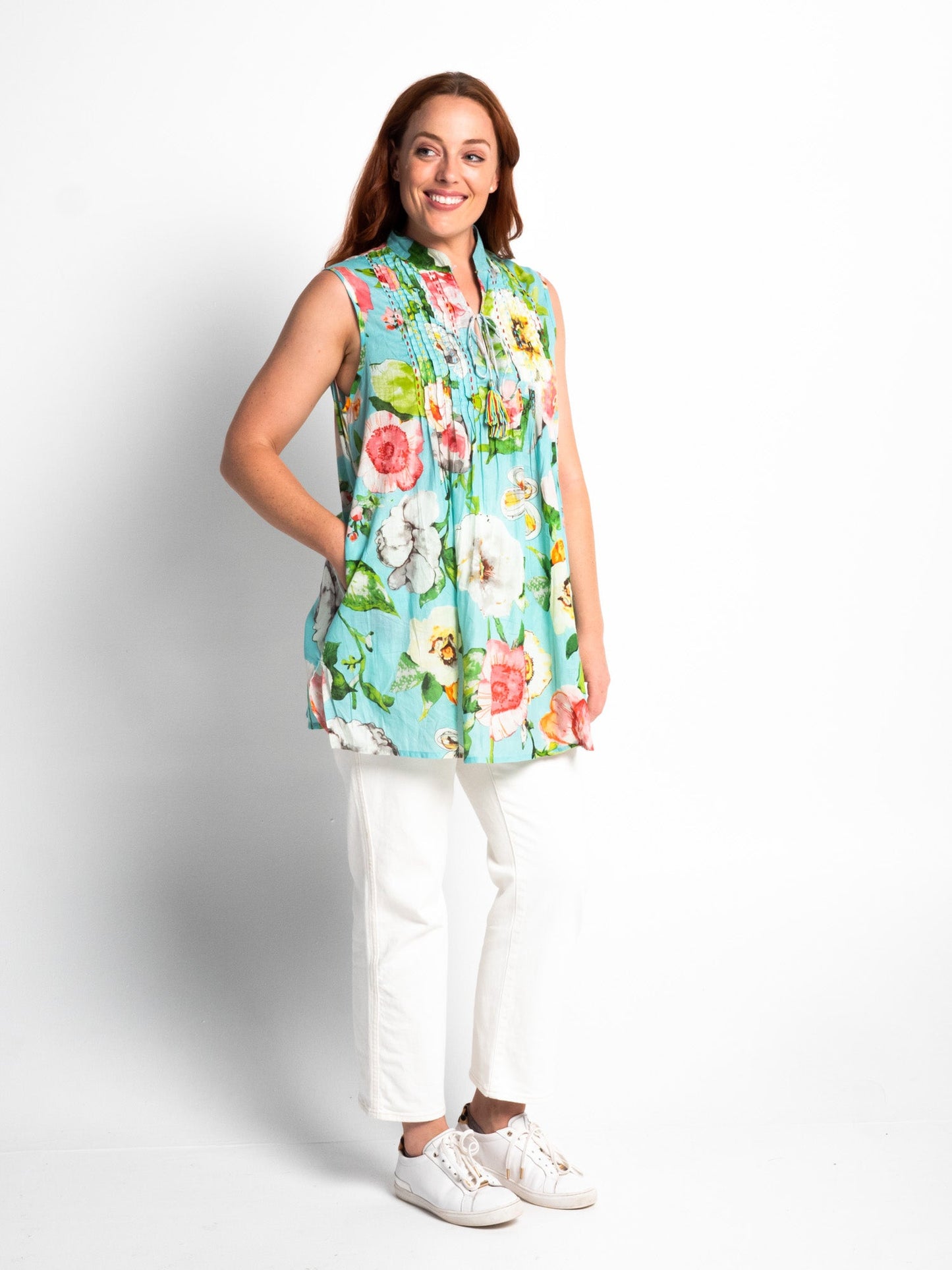 Embroidered Sleeveless Long Top in Turquoise Pretty Print