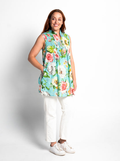 Embroidered Sleeveless Long Top in Turquoise Pretty Print