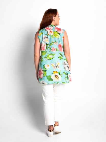 Embroidered Sleeveless Long Top in Turquoise Pretty Print