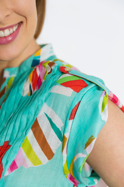 Magnetic Cap Sleeve Shirt in Turquoise Poppies