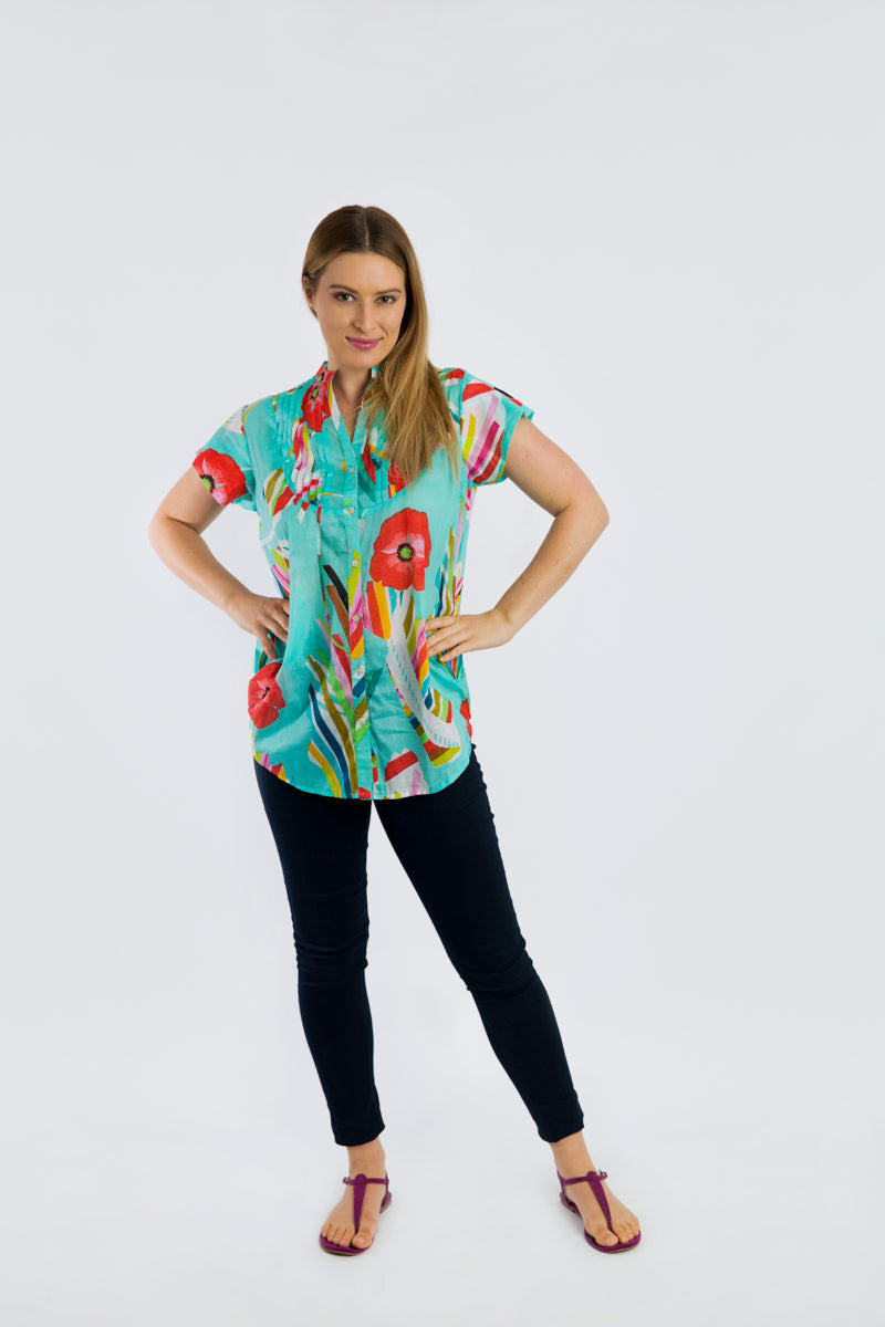Magnetic Cap Sleeve Shirt in Turquoise Poppies
