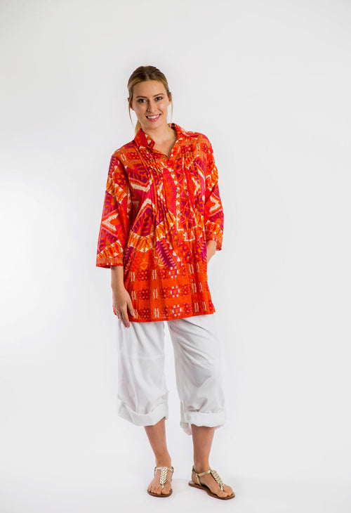 Maroochy Long Collared Pleated Shirt in Blood Orange