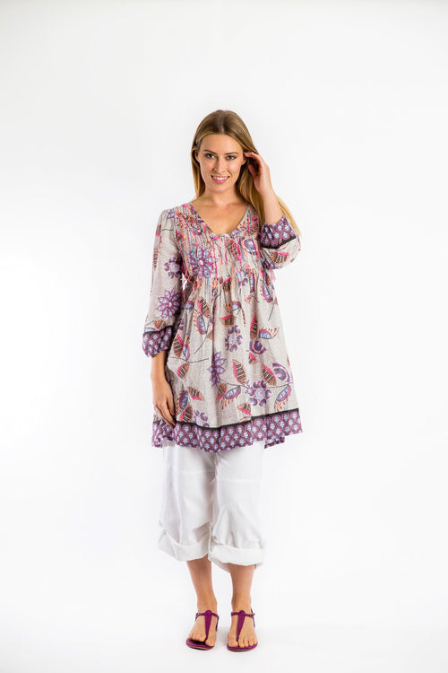 Dorrigo Loose thread Embroidered Long Top in Soft Grey