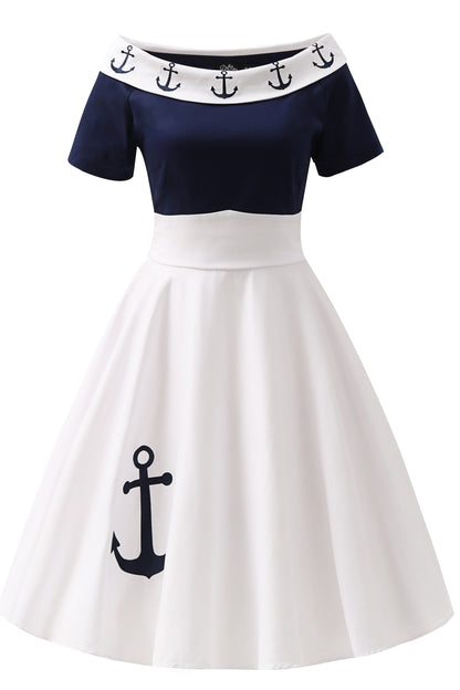 Darlene Nautical Anchor Embroidered Dress In White