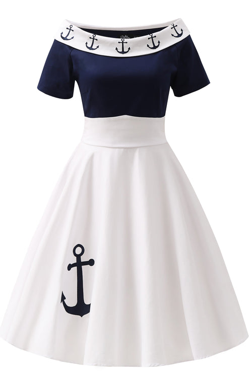 Darlene Nautical Anchor Embroidered Dress In White