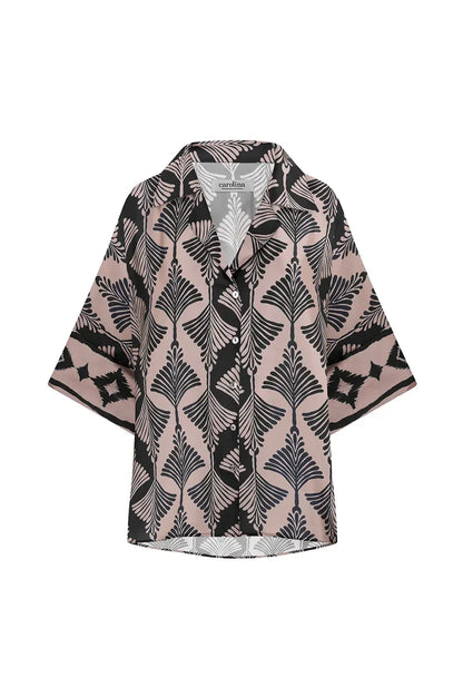 Tory Short Sleeve Collared Shirt Fan Print in Black & Espresso