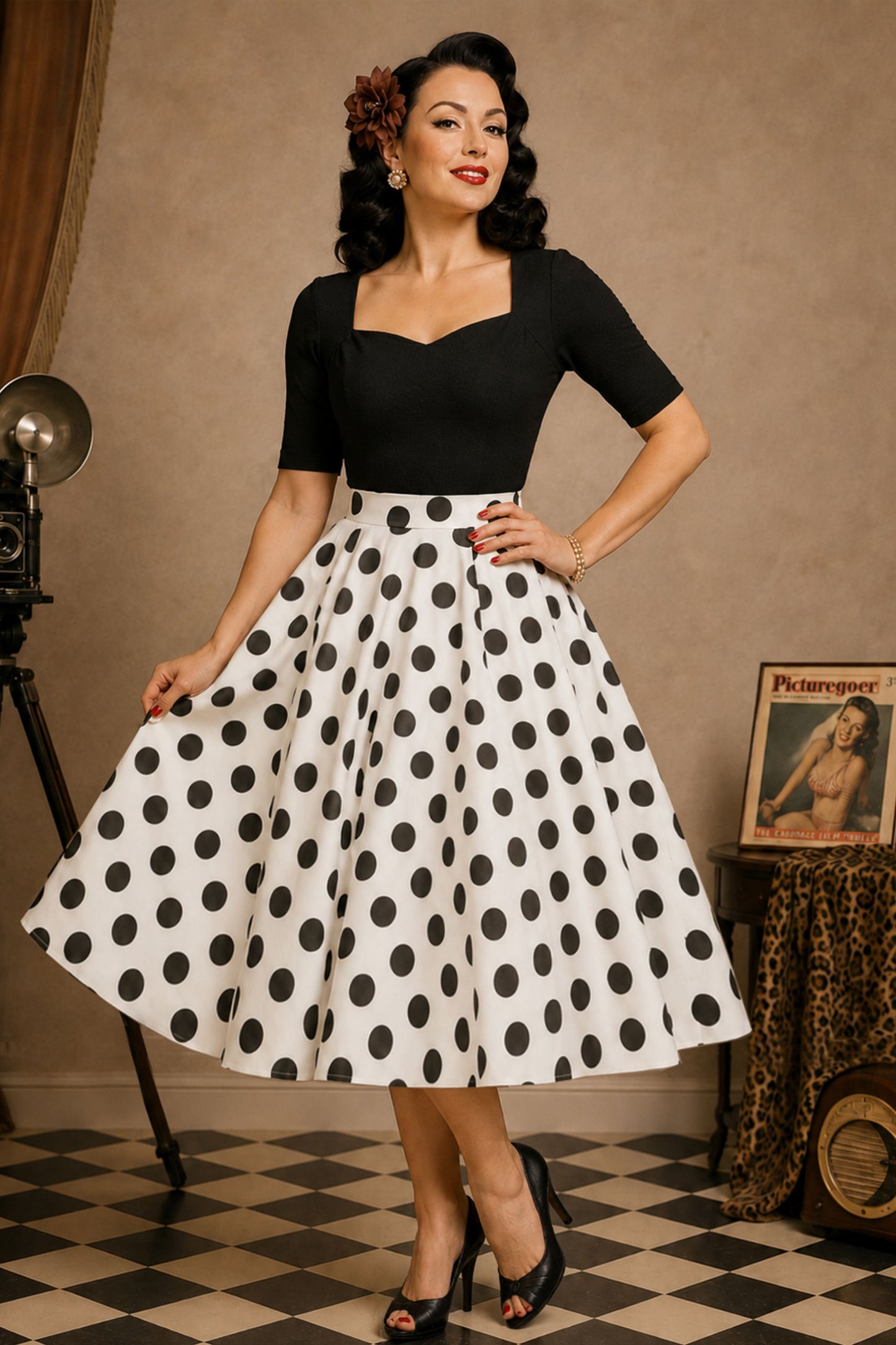 Maisie Polka Dot Full Circle Midi Skirt in White/Black
