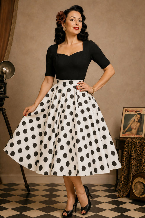 Maisie Polka Dot Full Circle Midi Skirt in White/Black
