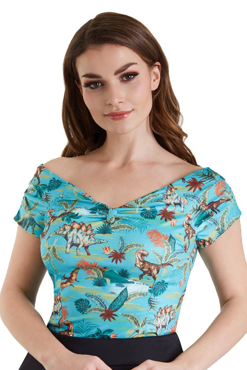 Lilian Off Shoulder Green Dinosaur Top