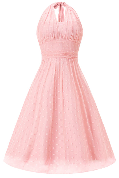 Dorothea Pink Polka Dot Mesh Halter Dress
