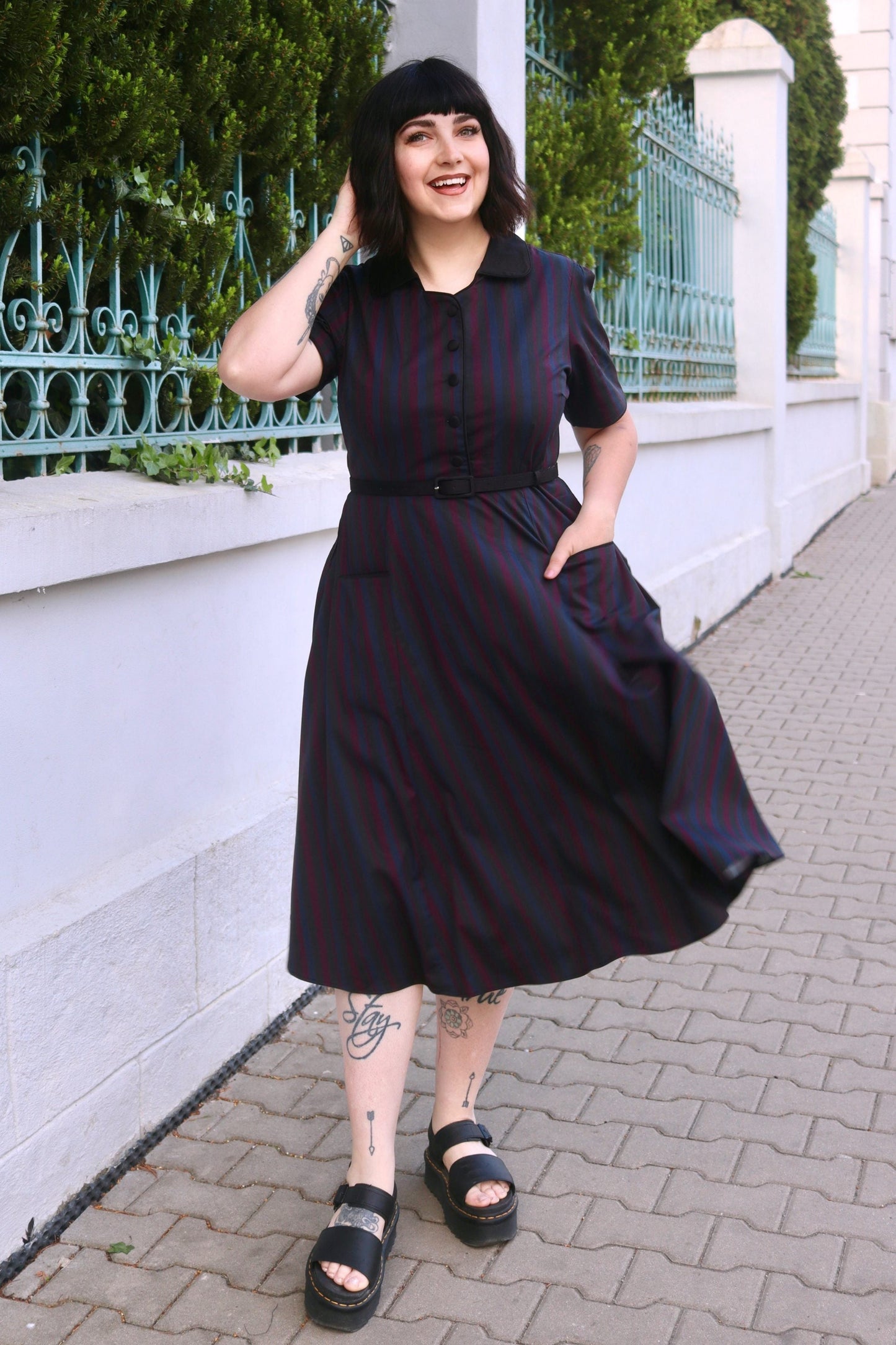 Mabel Rockabilly Striped Shirt Dress In Navy Blue