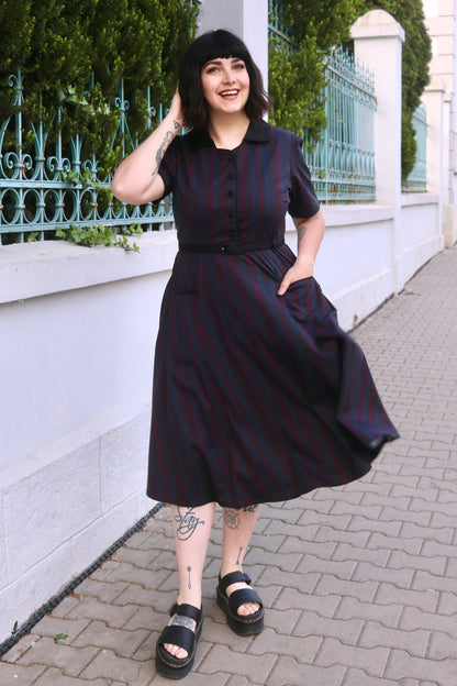 Mabel Rockabilly Striped Shirt Dress In Navy Blue