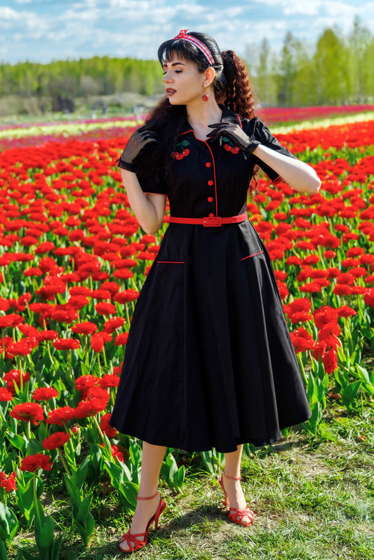 Mabel Rockabilly Midi Shirt Dress With Cherry Embroidery