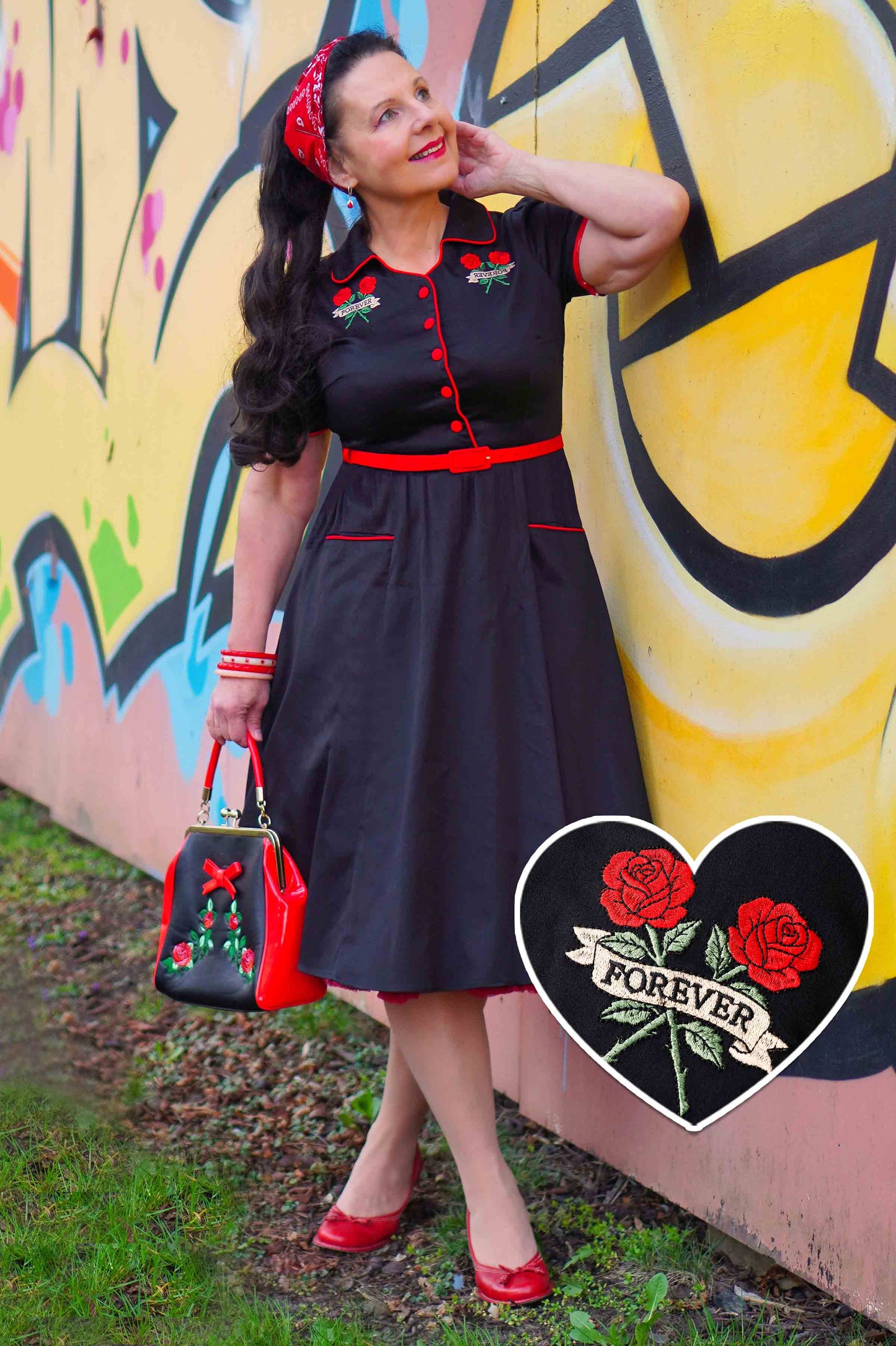 Mabel Rockabilly Shirt Dress With Rose Embroidery