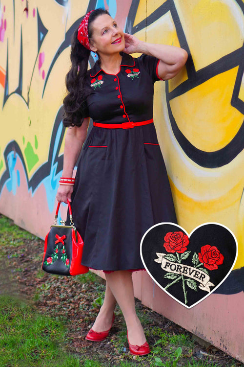 Mabel Rockabilly Shirt Dress With Rose Embroidery