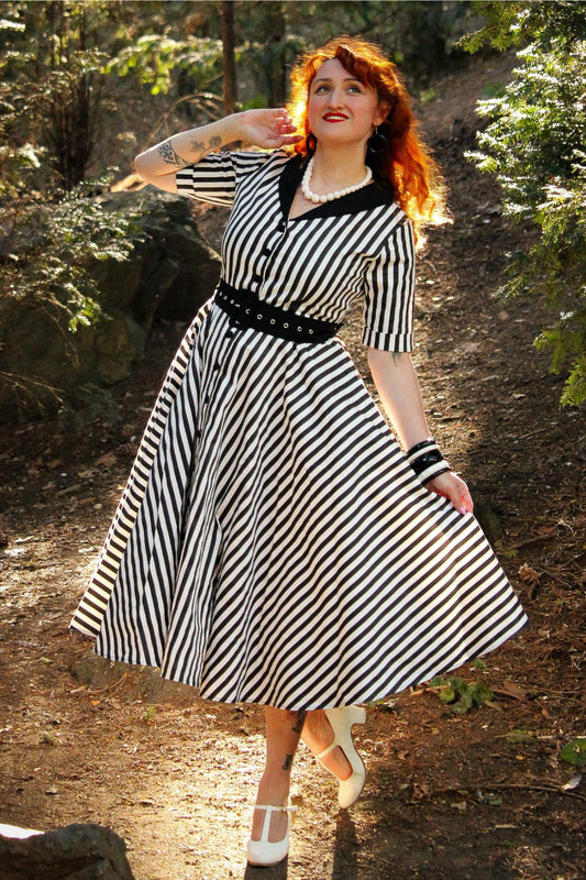 Mollie B&W Awning Striped Full Circle Shirt Dress