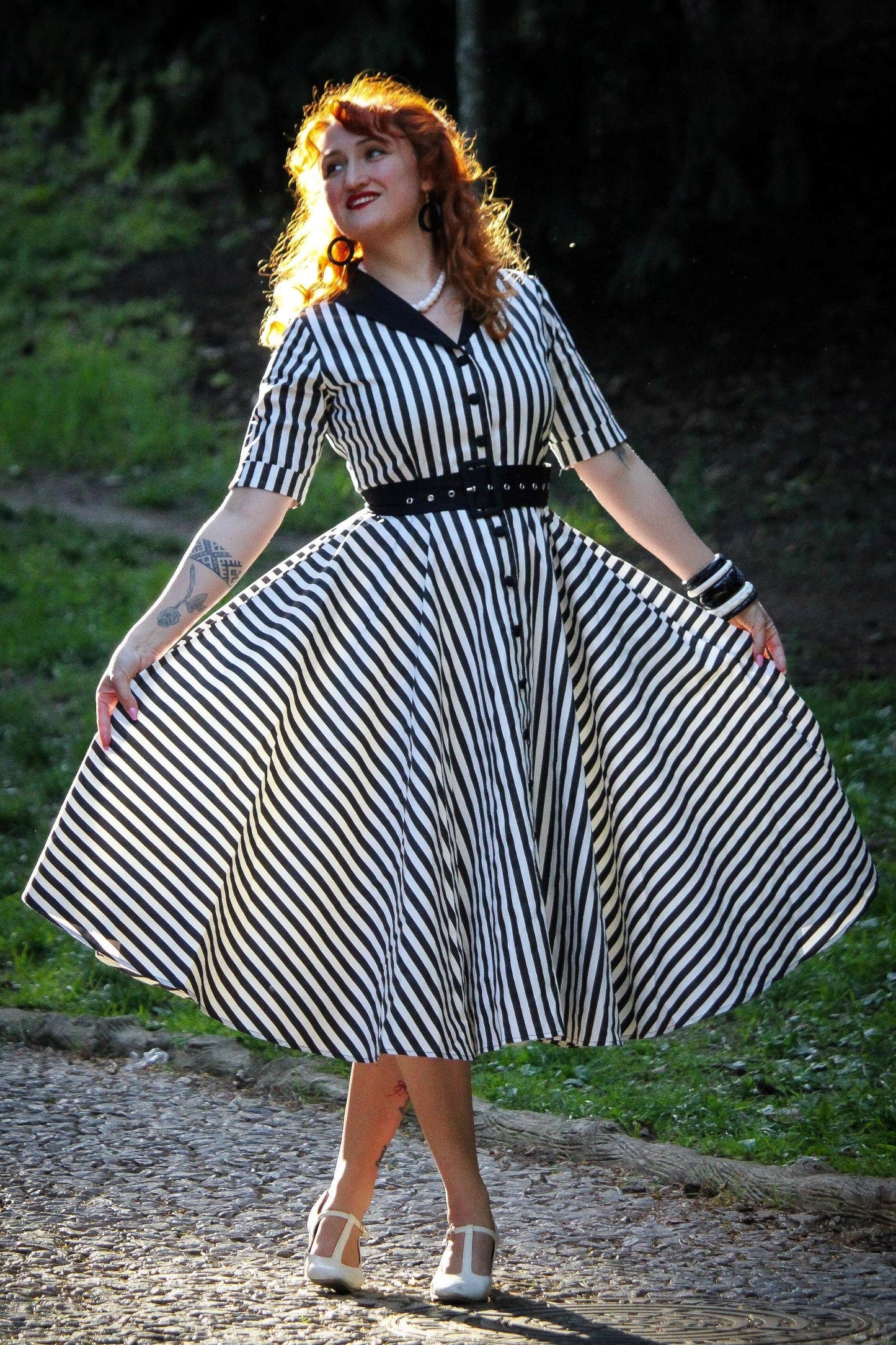 Mollie B&W Awning Striped Full Circle Shirt Dress