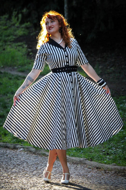 Mollie B&W Awning Striped Full Circle Shirt Dress