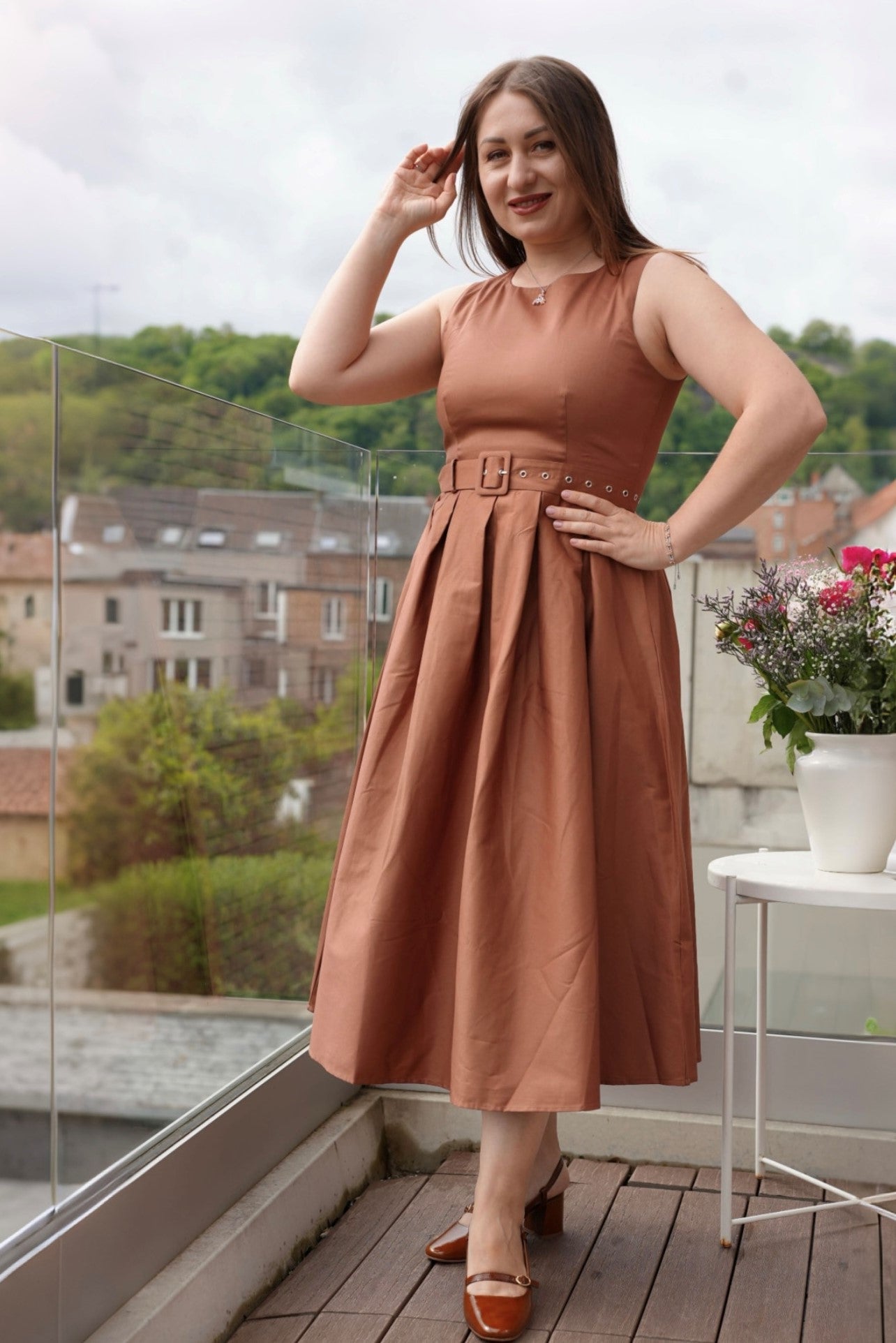 Helen Brown Cotton Sleeveless Midi Dress