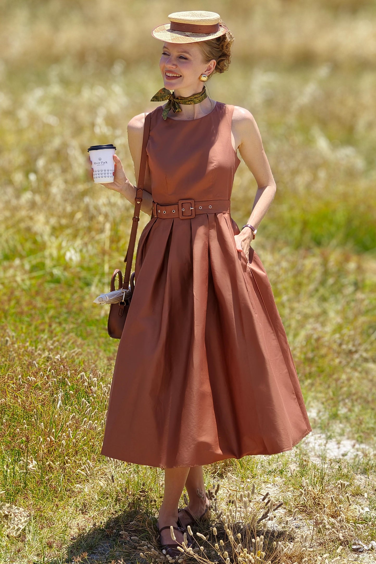 Helen Brown Cotton Sleeveless Midi Dress